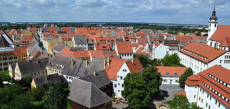 Übersicht der Stadt Torgau mit der Aufschrift Anfahrt